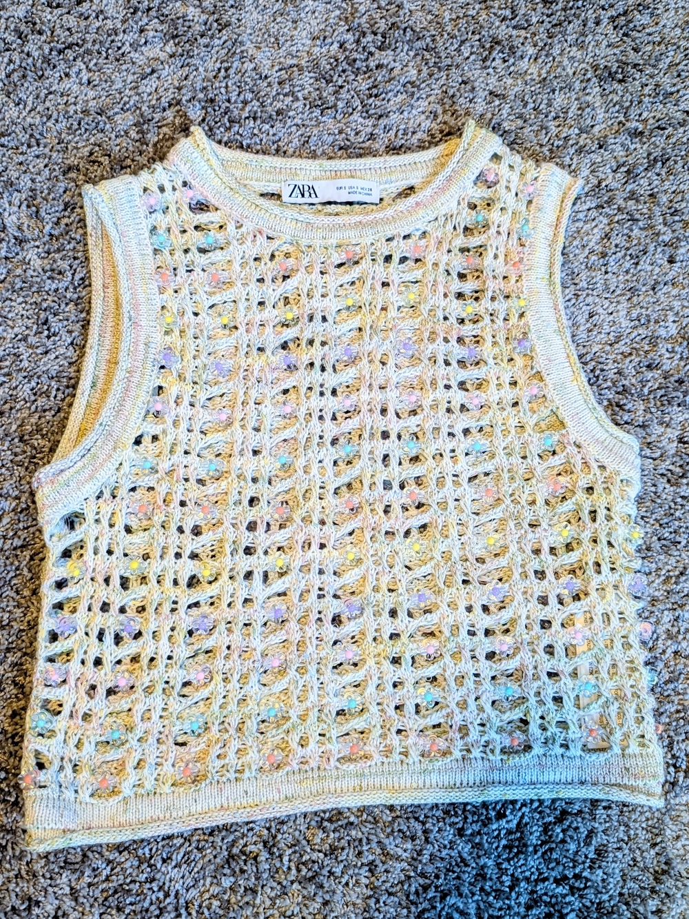 ZARA Cream Pastel Multicolor Crochet Knit Sleeveless Top